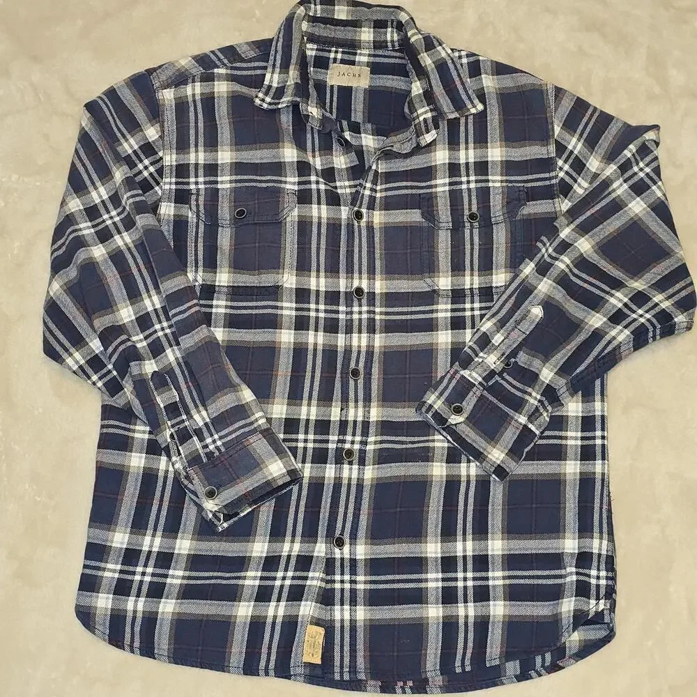 Jachs Men’s Flannel Shirt Blue Plaid Long Sleeve Button Front Casual Size M